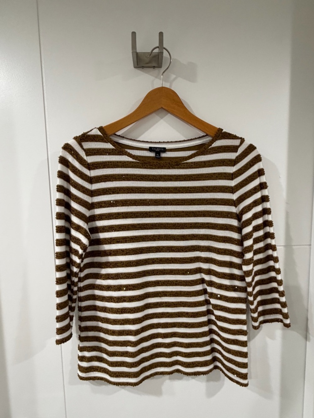 Talbots Bronze Sequin and White Striped Knit Top, medium petite, like new